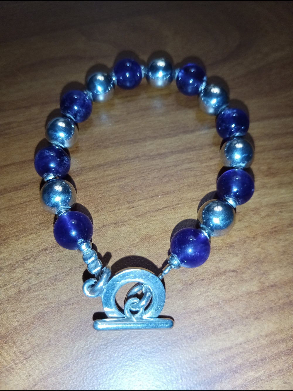 Amethyst Bead and Silver-Tone Toggle Bracelet - Purple